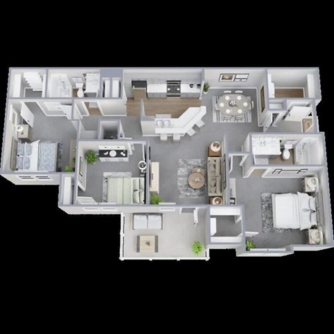 A 3D floor plan of a house with multiple rooms and furniture.